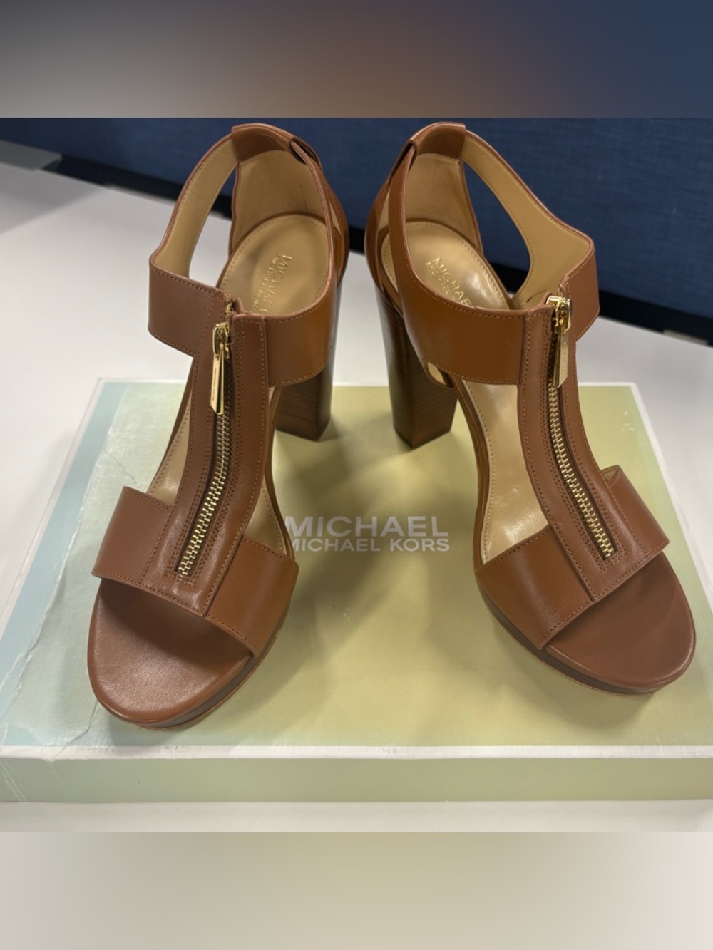 Michael Kors Tan Leather Zip-Front Block Heel Sandals. Brand new size 10